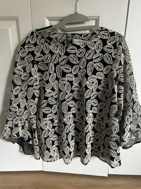 Kasper Black Blouse with Cream Leaf Print